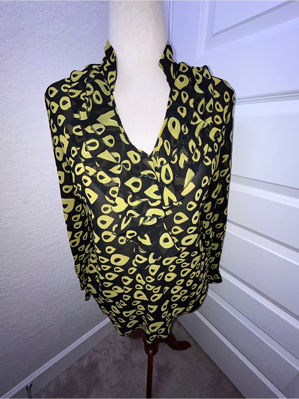 New York & Company Ruffle Bib Long Sleeve Sheer Blouse Shirt Top